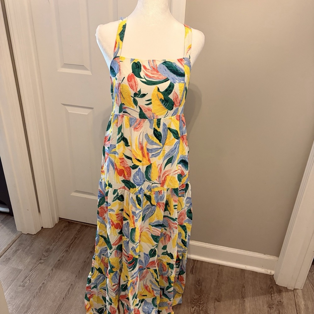 Skies‎ Are Blue Tropical Floral Tiered Maxi Dress Sm Boho Vacation Brunch Resort